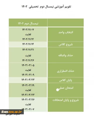 تقویم آموزشی ترم بهمن ماه۱۴۰۲